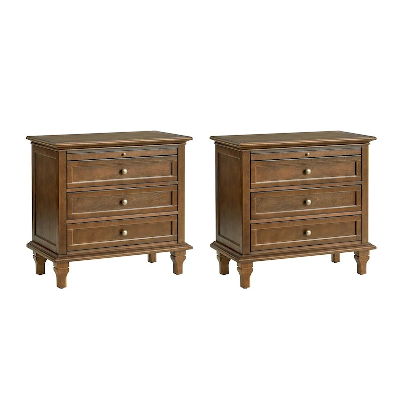Ensemble de 2 tables de chevet Muriel Farmhouse à 3 tiroirs avec prises intégrées par HULALA HOME