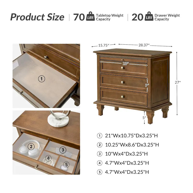 Ensemble de 2 tables de chevet Muriel Farmhouse à 3 tiroirs avec prises intégrées par HULALA HOME