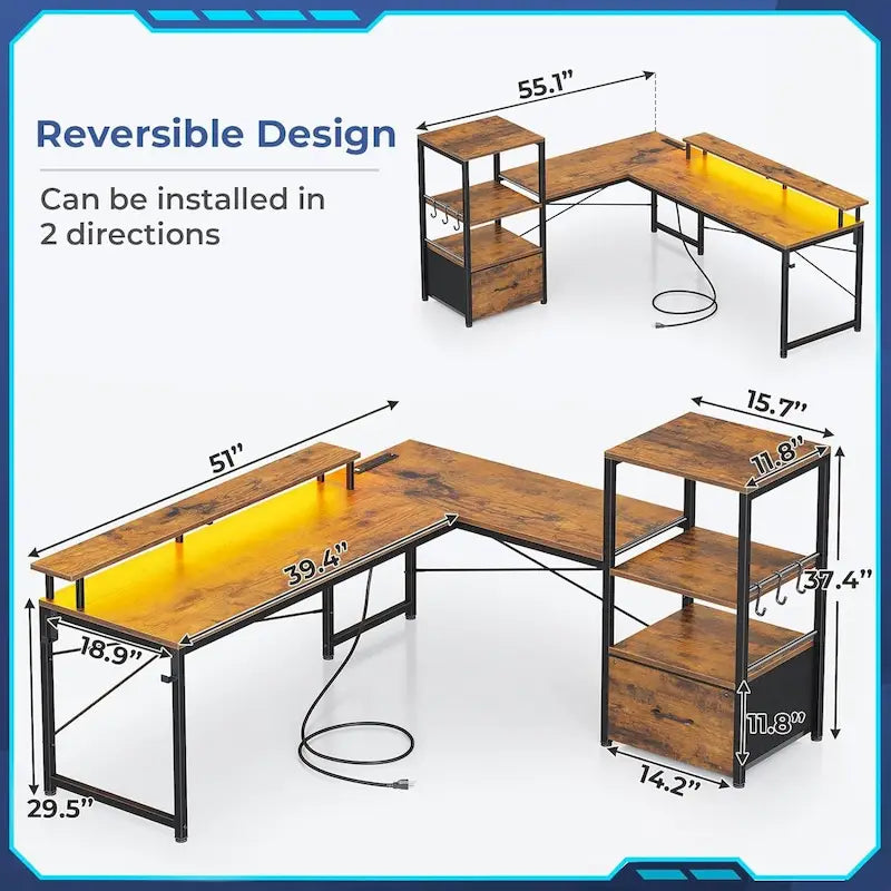 Bureau d'ordinateur de 130 cm avec étagères de rangement, tiroir et prises électriques