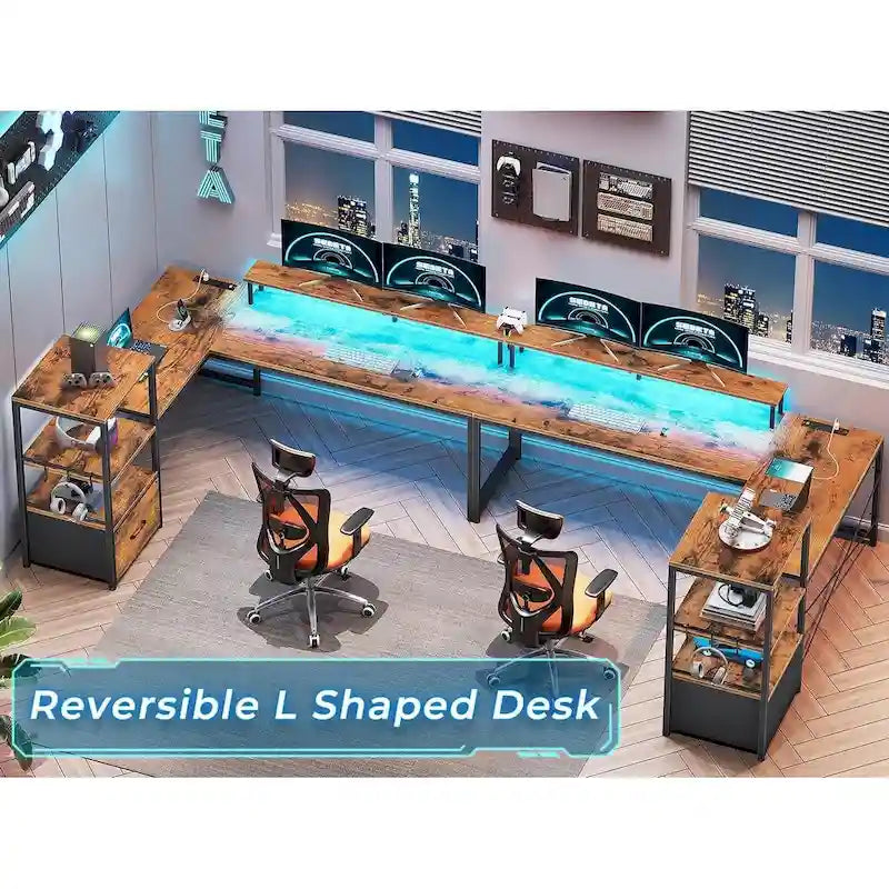 Bureau d'ordinateur de 130 cm avec étagères de rangement, tiroir et prises électriques