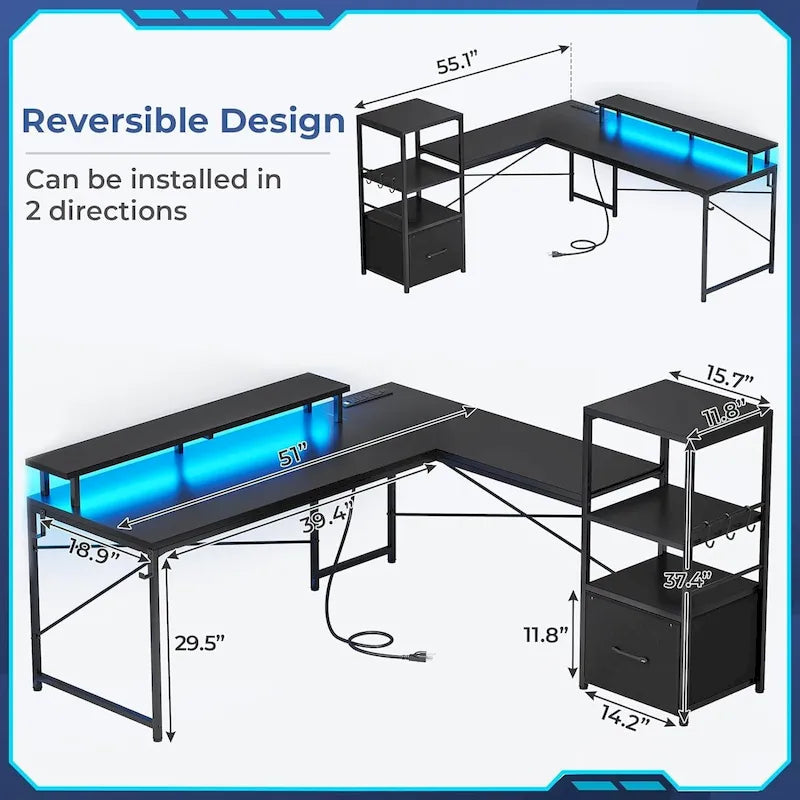 Bureau d'ordinateur de 130 cm avec étagères de rangement, tiroir et prises électriques