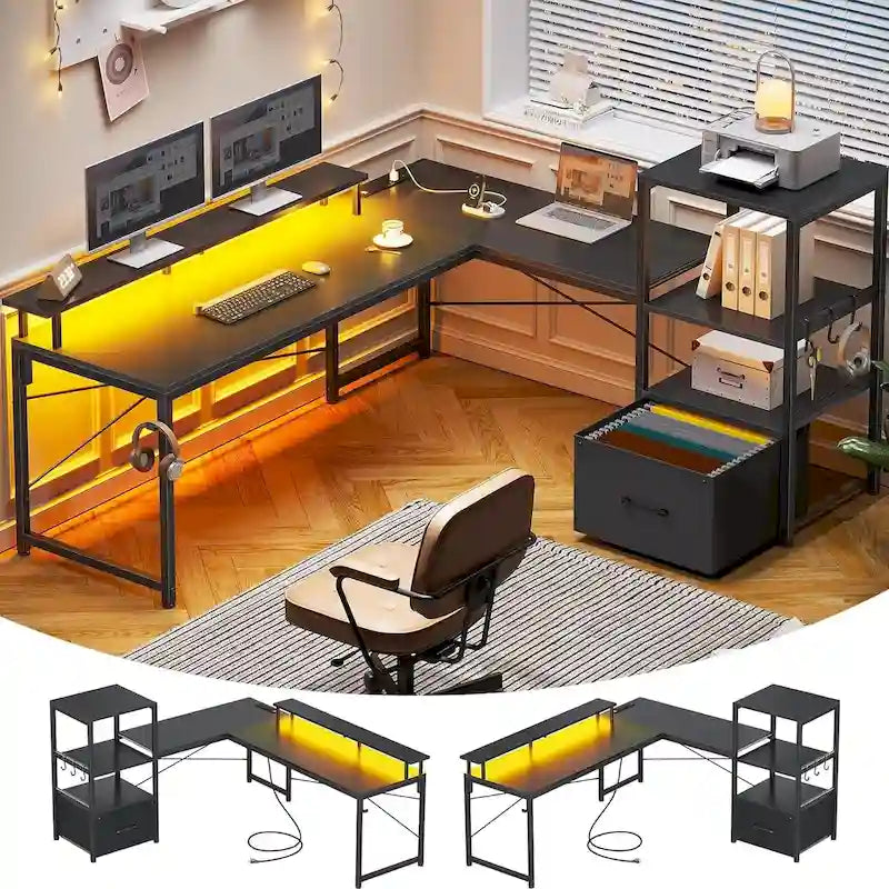 Bureau d'ordinateur de 130 cm avec étagères de rangement, tiroir et prises électriques