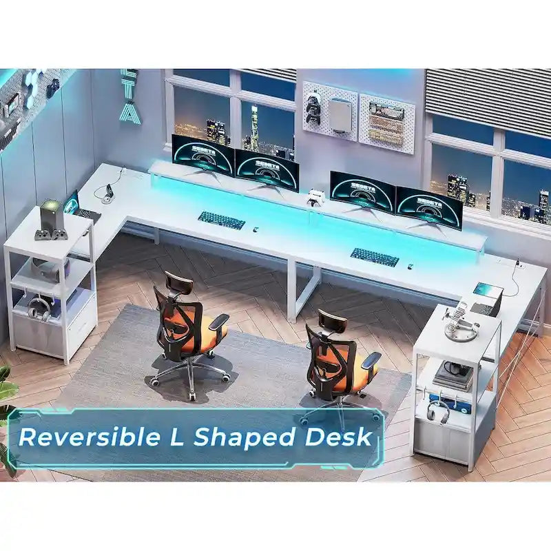 Bureau d'ordinateur de 130 cm avec étagères de rangement, tiroir et prises électriques