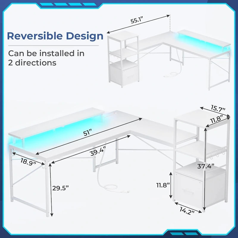 Bureau d'ordinateur de 130 cm avec étagères de rangement, tiroir et prises électriques