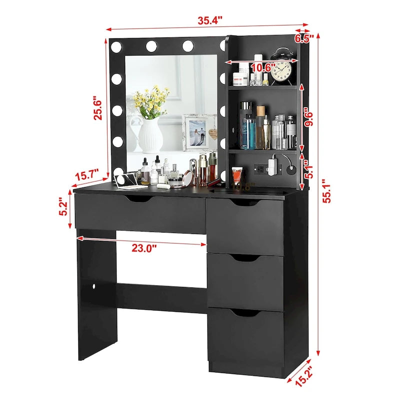 Coiffeuse blanche avec miroir et éclairage - 15,2 cm (P) x 35,4 cm (L) x 55,1 cm (H)