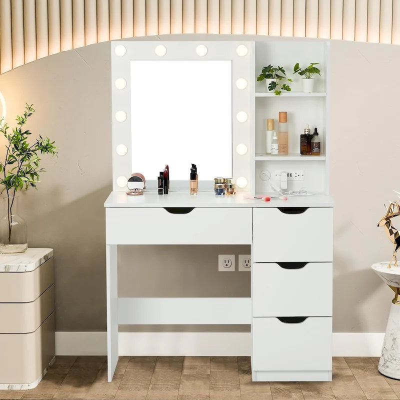 Coiffeuse blanche avec miroir et éclairage - 15,2 cm (P) x 35,4 cm (L) x 55,1 cm (H)