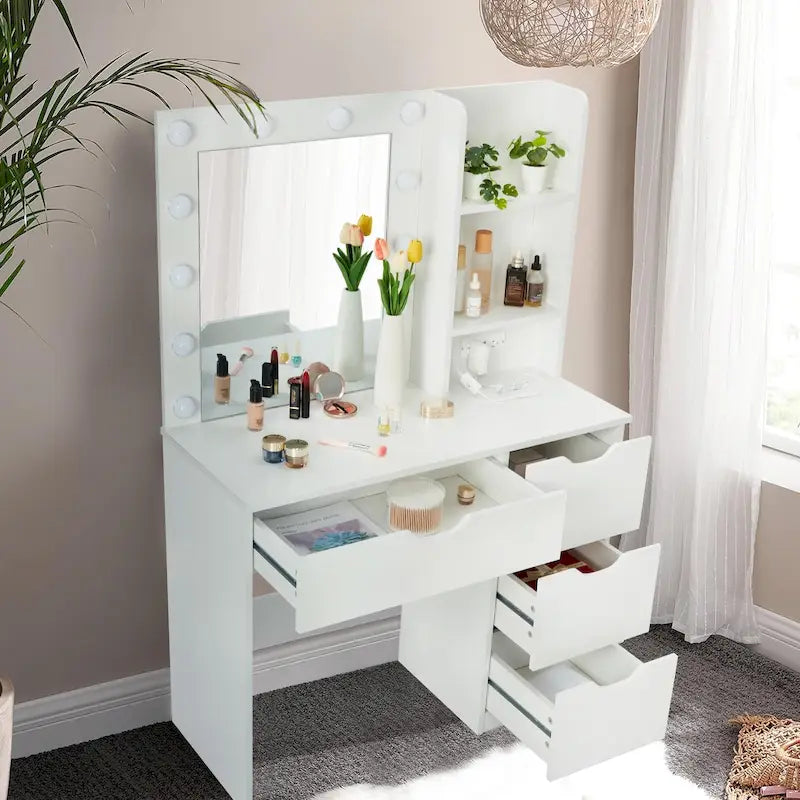 Coiffeuse blanche avec miroir et éclairage - 15,2 cm (P) x 35,4 cm (L) x 55,1 cm (H)