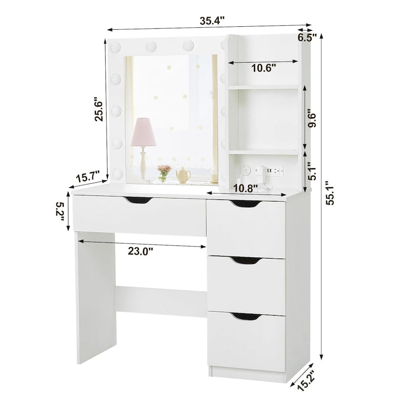 Coiffeuse blanche avec miroir et éclairage - 15,2 cm (P) x 35,4 cm (L) x 55,1 cm (H)