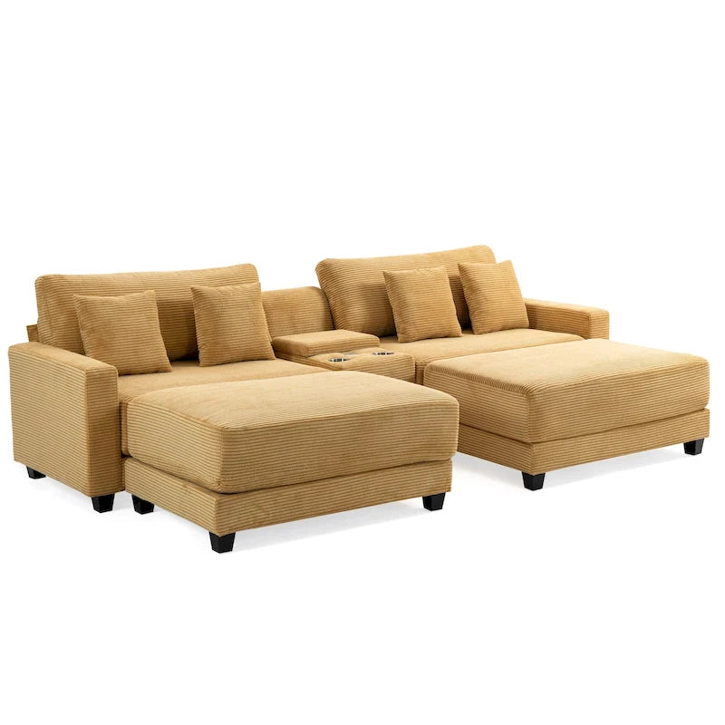 Canapé surdimensionné en velours côtelé avec poufs amovibles, 4 coussins, ports de chargement USB et Type C et 2 porte-gobelets.