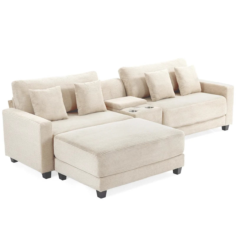 Canapé surdimensionné en velours côtelé avec poufs amovibles, 4 coussins, ports de chargement USB et Type C et 2 porte-gobelets.