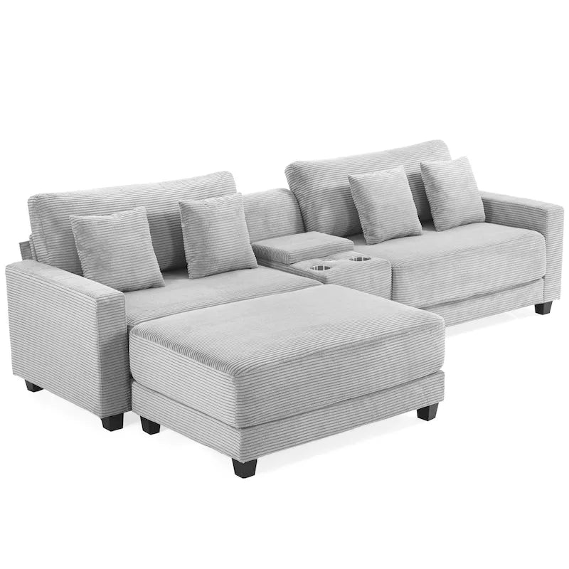 Canapé surdimensionné en velours côtelé avec poufs amovibles, 4 coussins, ports de chargement USB et Type C et 2 porte-gobelets.