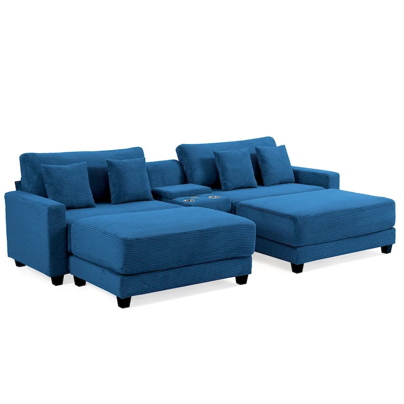 Canapé surdimensionné en velours côtelé avec poufs amovibles, 4 coussins, ports de chargement USB et Type C et 2 porte-gobelets.