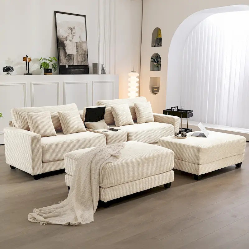 Oversized Corduroy Upholstered Sofa with Removable Ottomans, 4 Pillows, USB & Type C Charging Ports,and 2 Cup Holders