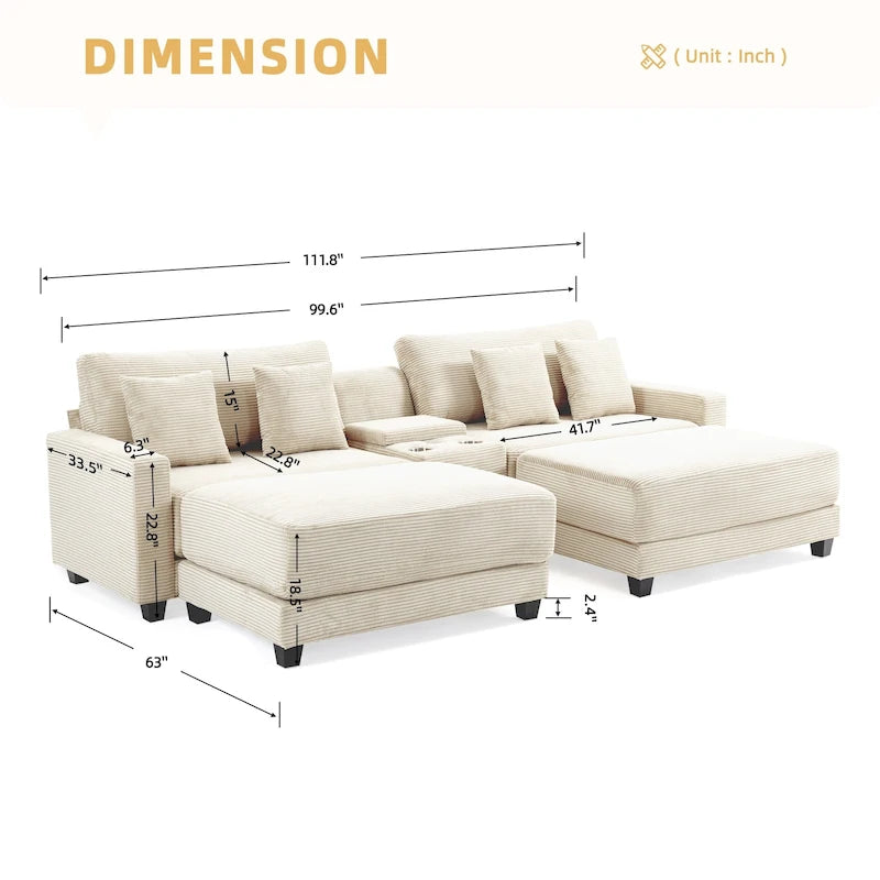Canapé surdimensionné en velours côtelé avec poufs amovibles, 4 coussins, ports de chargement USB et Type C et 2 porte-gobelets.