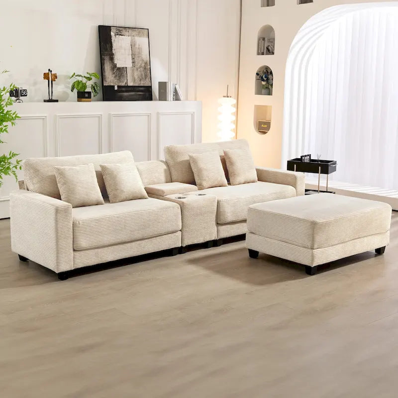 Canapé surdimensionné en velours côtelé avec poufs amovibles, 4 coussins, ports de chargement USB et Type C et 2 porte-gobelets.
