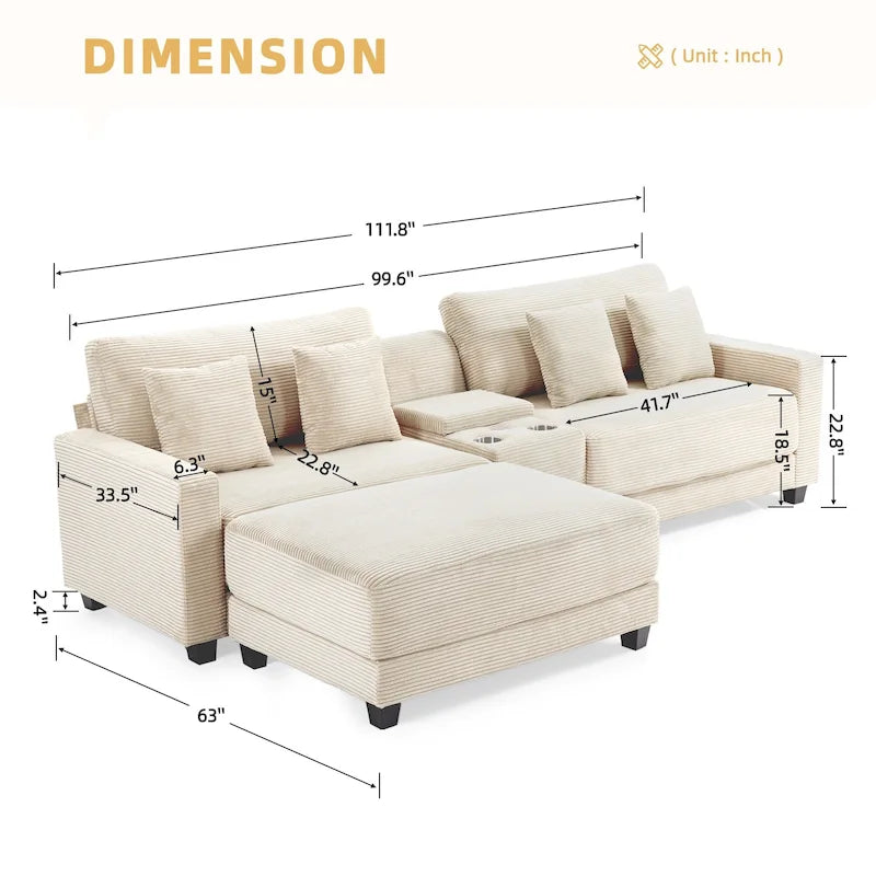 Canapé surdimensionné en velours côtelé avec poufs amovibles, 4 coussins, ports de chargement USB et Type C et 2 porte-gobelets.