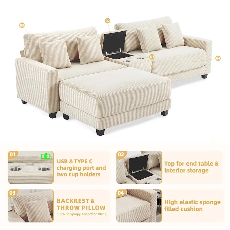 Canapé surdimensionné en velours côtelé avec poufs amovibles, 4 coussins, ports de chargement USB et Type C et 2 porte-gobelets.