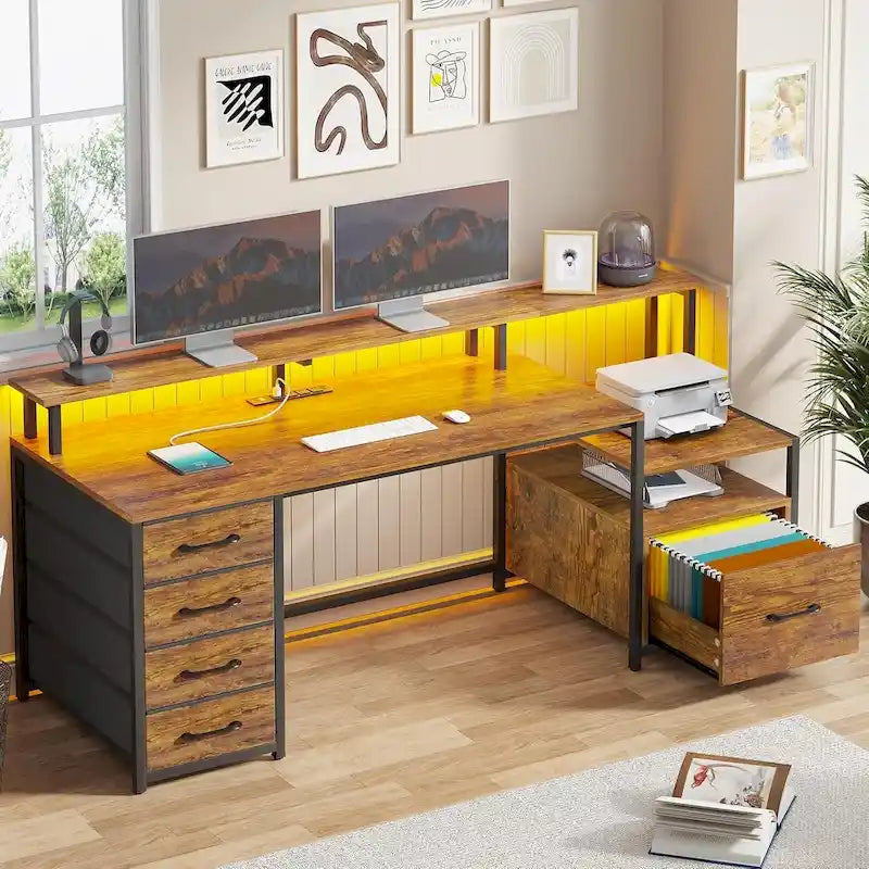 Bureau d'ordinateur à domicile avec tiroir à dossiers et prise électrique, étagère à 5 tiroirs pour écran
