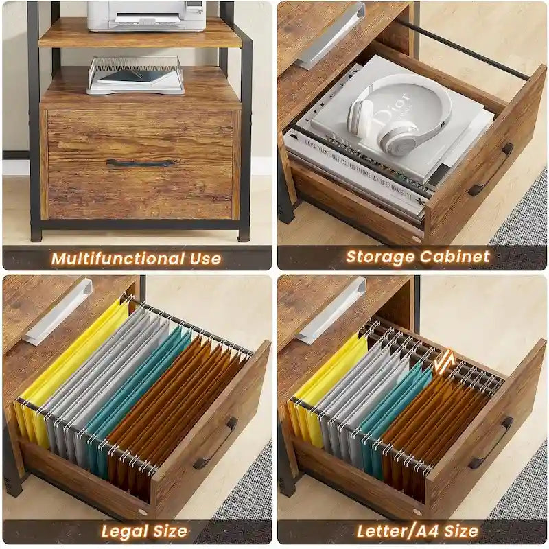 Bureau d'ordinateur à domicile avec tiroir à dossiers et prise électrique, étagère à 5 tiroirs pour écran