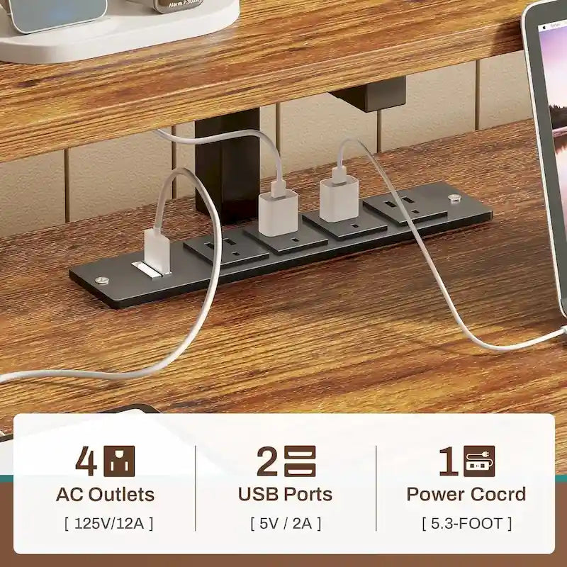 Bureau d'ordinateur à domicile avec tiroir à dossiers et prise électrique, étagère à 5 tiroirs pour écran