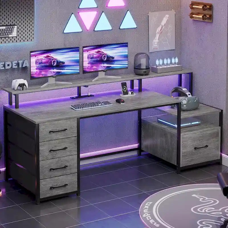 Bureau d'ordinateur à domicile avec tiroir à dossiers et prise électrique, étagère à 5 tiroirs pour écran