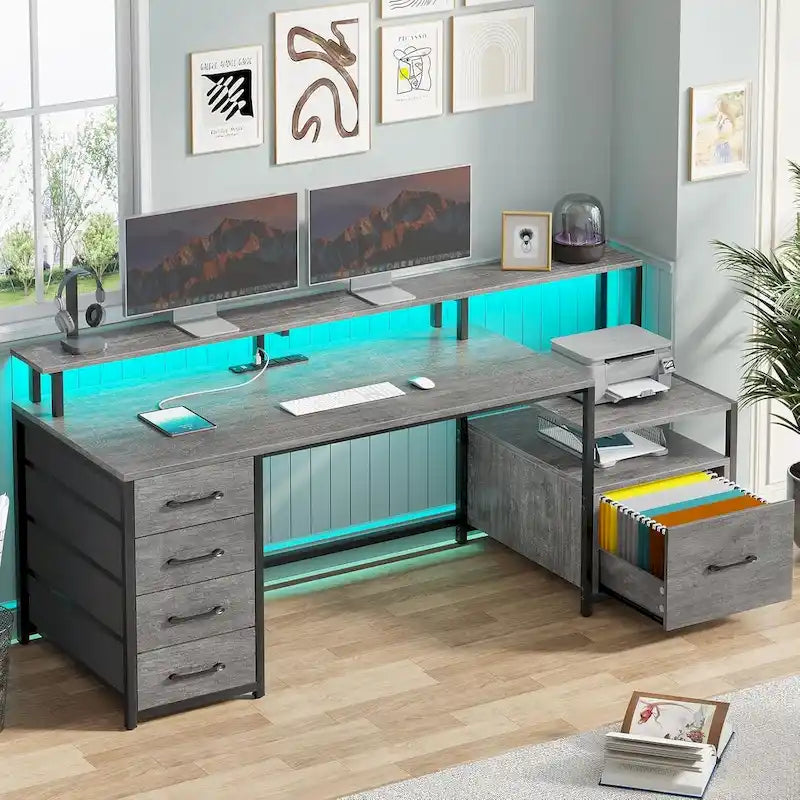 Bureau d'ordinateur à domicile avec tiroir à dossiers et prise électrique, étagère à 5 tiroirs pour écran