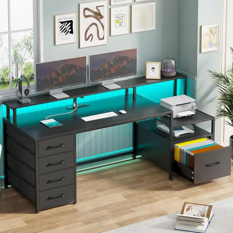 Bureau d'ordinateur à domicile avec tiroir à dossiers et prise électrique, étagère à 5 tiroirs pour écran