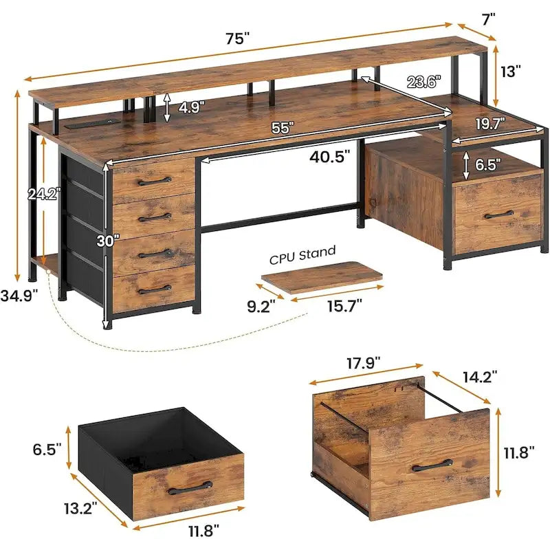 Bureau d'ordinateur à domicile avec tiroir à dossiers et prise électrique, étagère à 5 tiroirs pour écran