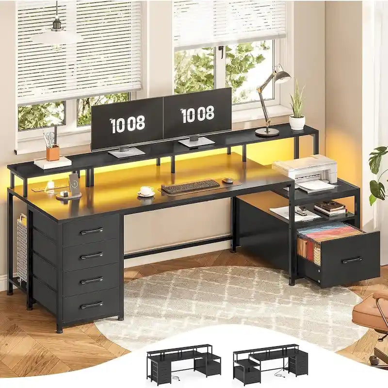 Bureau d'ordinateur à domicile avec tiroir à dossiers et prise électrique, étagère à 5 tiroirs pour écran