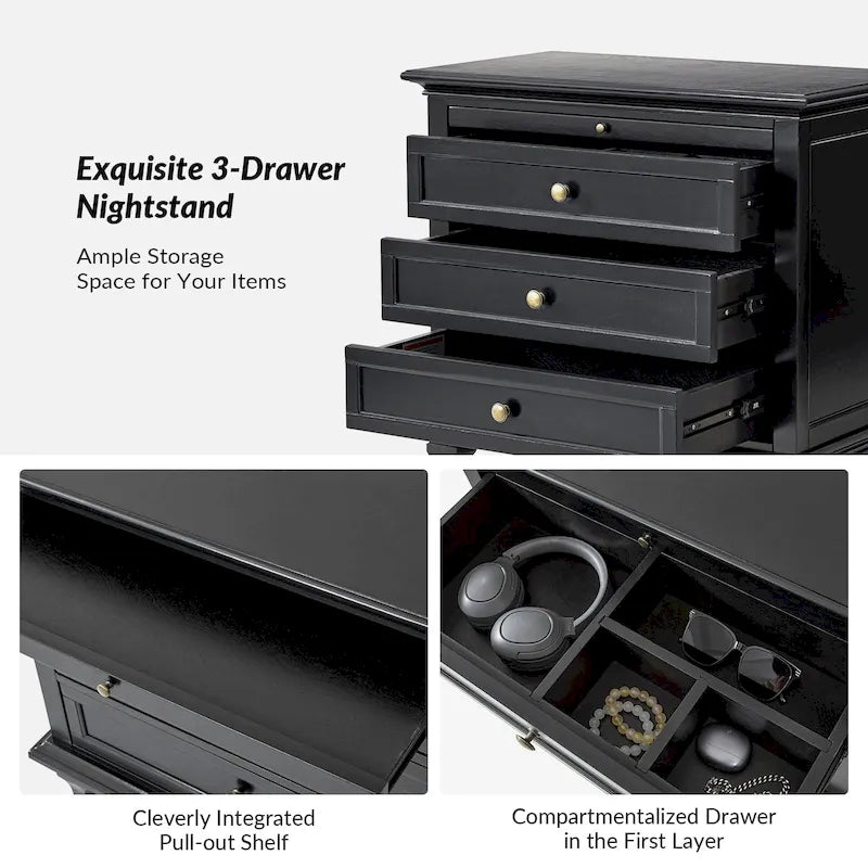 Table de chevet Muriel Farmhouse à 3 tiroirs avec prises intégrées par HULALA HOME