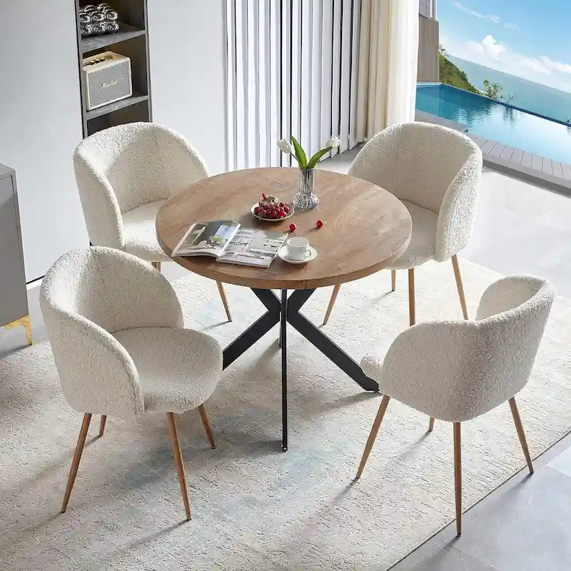 Ensemble table et chaises rondes Howtai avec accoudoirs en sherpa moelleux, gain de place