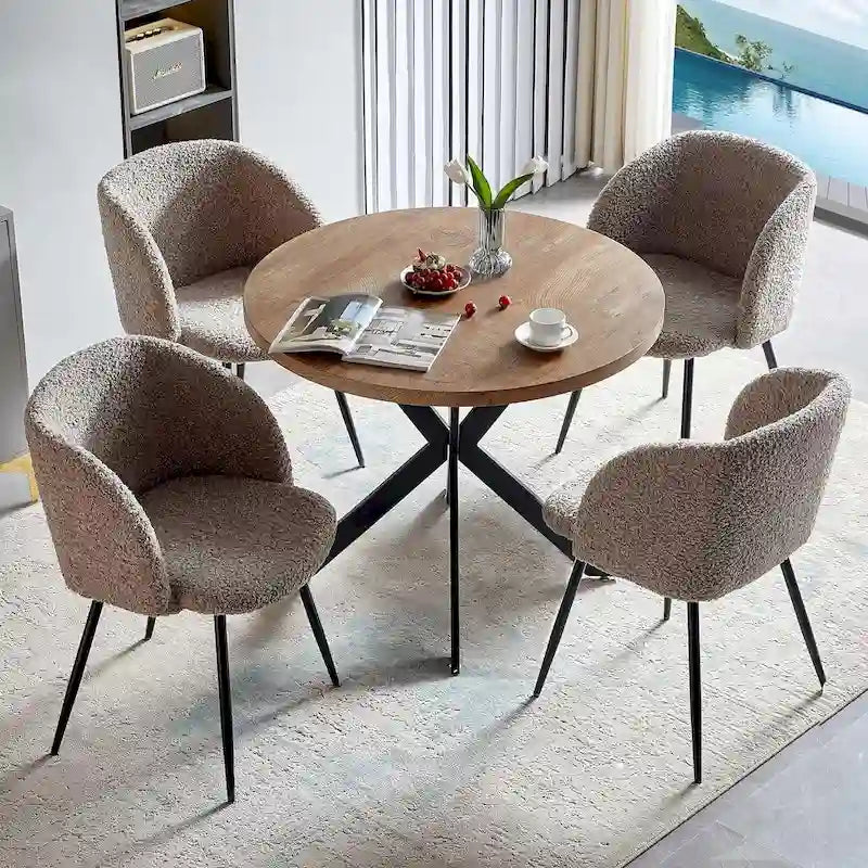 Ensemble table et chaises rondes Howtai avec accoudoirs en sherpa moelleux, gain de place