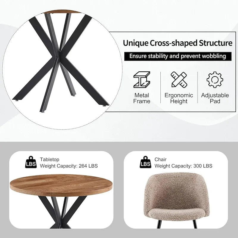 Ensemble table et chaises rondes Howtai avec accoudoirs en sherpa moelleux, gain de place