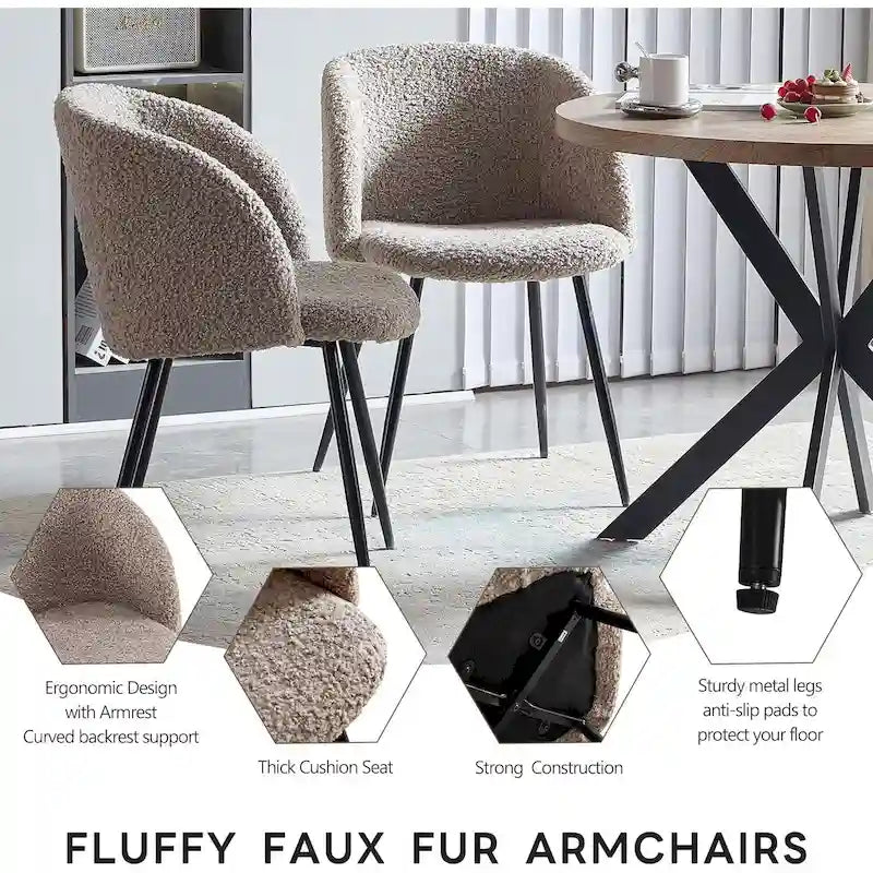 Ensemble table et chaises rondes Howtai avec accoudoirs en sherpa moelleux, gain de place