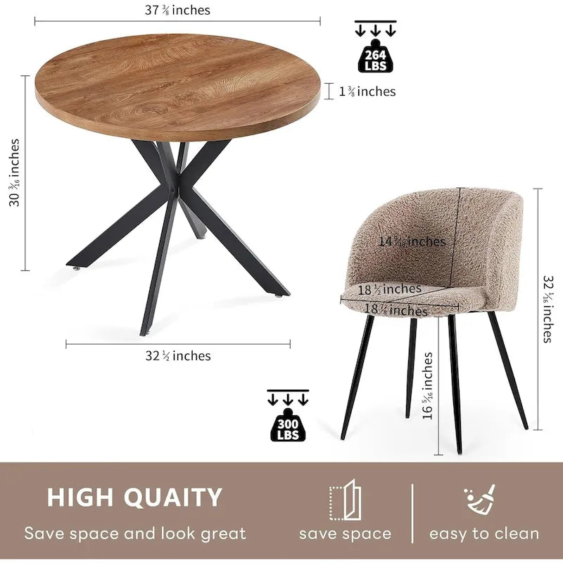 Ensemble table et chaises rondes Howtai avec accoudoirs en sherpa moelleux, gain de place