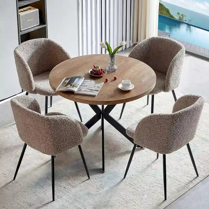 Ensemble table et chaises rondes Howtai avec accoudoirs en sherpa moelleux, gain de place