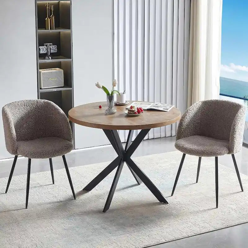 Ensemble table et chaises rondes Howtai avec accoudoirs en sherpa moelleux, gain de place