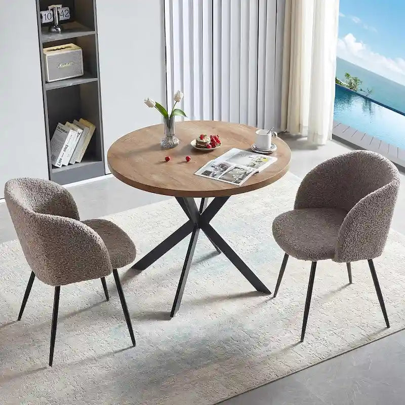 Ensemble table et chaises rondes Howtai avec accoudoirs en sherpa moelleux, gain de place