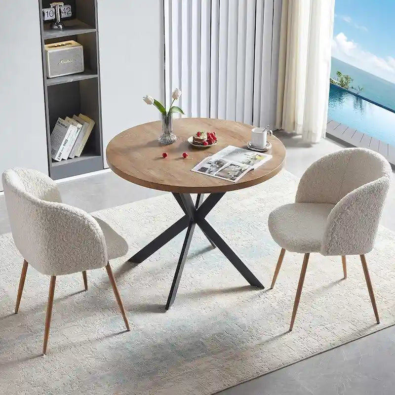 Ensemble table et chaises rondes Howtai avec accoudoirs en sherpa moelleux, gain de place