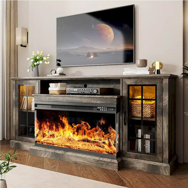 Meuble TV avec cheminée en verre sur 3 côtés de 91 cm (36 pouces) pour téléviseurs jusqu'à 80 pouces.