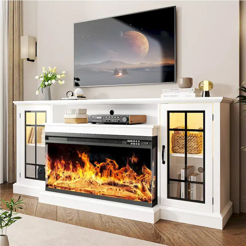 Meuble TV avec cheminée en verre sur 3 côtés de 91 cm (36 pouces) pour téléviseurs jusqu'à 80 pouces.