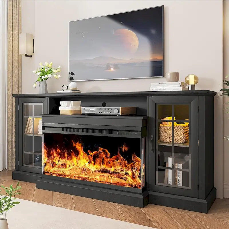 Meuble TV avec cheminée en verre sur 3 côtés de 91 cm (36 pouces) pour téléviseurs jusqu'à 80 pouces.