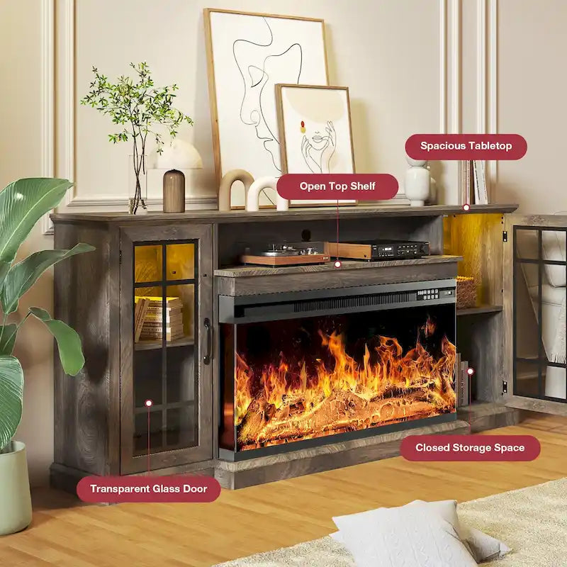 Meuble TV avec cheminée en verre sur 3 côtés de 91 cm (36 pouces) pour téléviseurs jusqu'à 80 pouces.