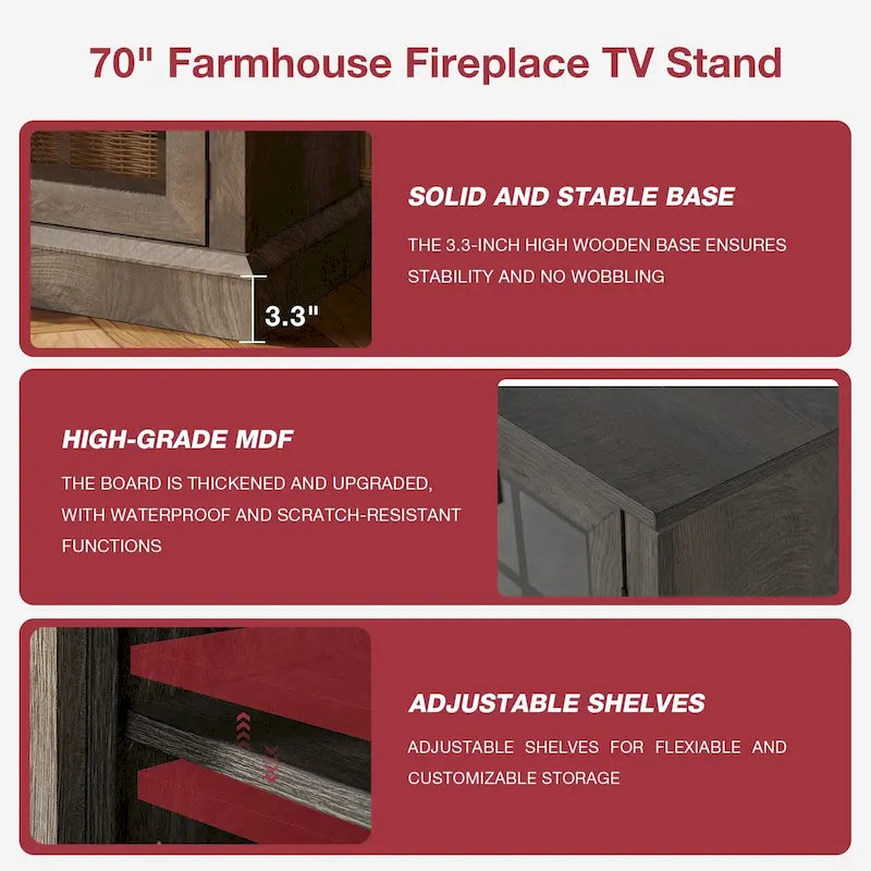 Meuble TV avec cheminée en verre sur 3 côtés de 91 cm (36 pouces) pour téléviseurs jusqu'à 80 pouces.