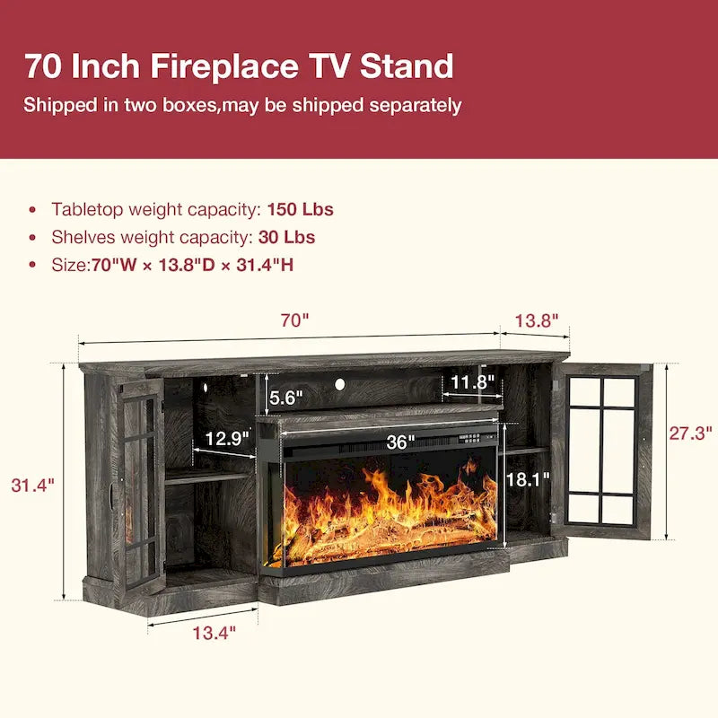 Meuble TV avec cheminée en verre sur 3 côtés de 91 cm (36 pouces) pour téléviseurs jusqu'à 80 pouces.