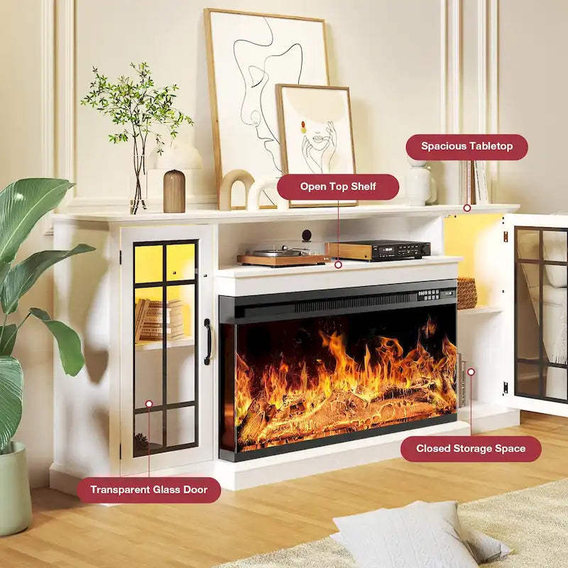 Meuble TV avec cheminée en verre sur 3 côtés de 91 cm (36 pouces) pour téléviseurs jusqu'à 80 pouces.