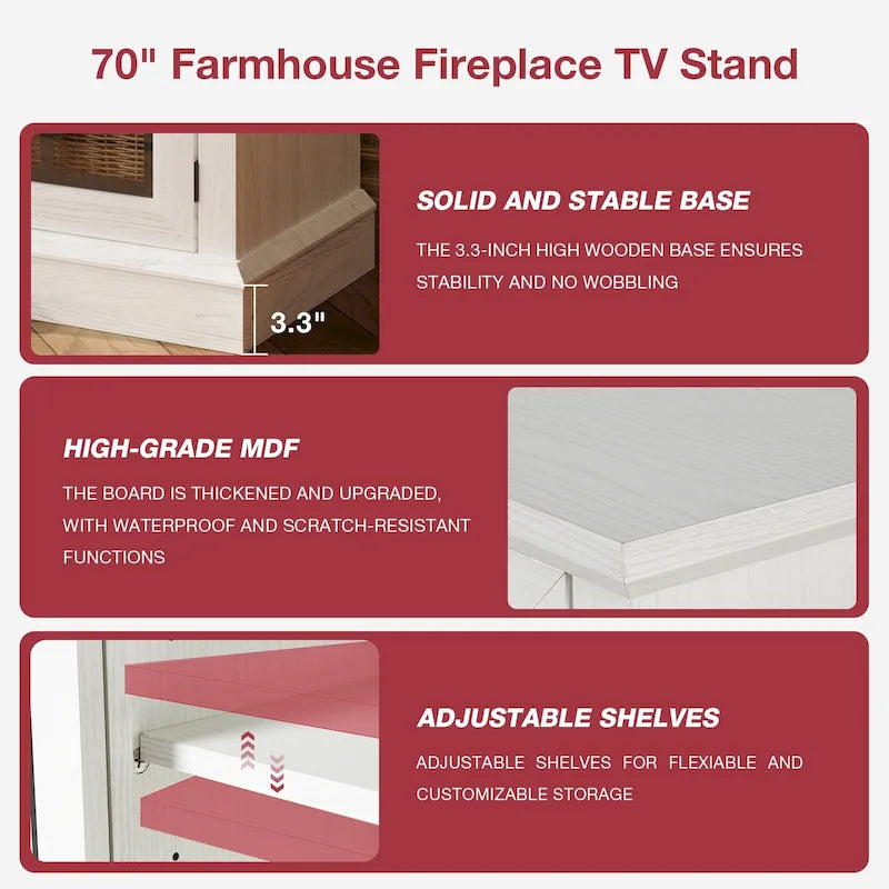 Meuble TV avec cheminée en verre sur 3 côtés de 91 cm (36 pouces) pour téléviseurs jusqu'à 80 pouces.