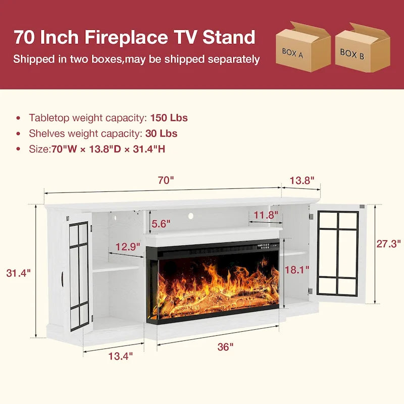 Meuble TV avec cheminée en verre sur 3 côtés de 91 cm (36 pouces) pour téléviseurs jusqu'à 80 pouces.