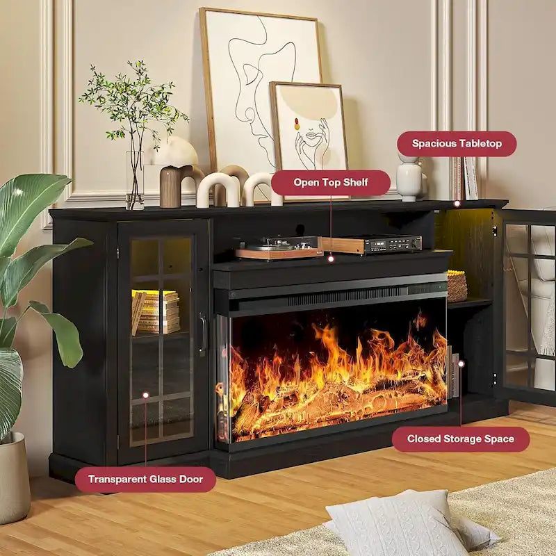 Meuble TV avec cheminée en verre sur 3 côtés de 91 cm (36 pouces) pour téléviseurs jusqu'à 80 pouces.