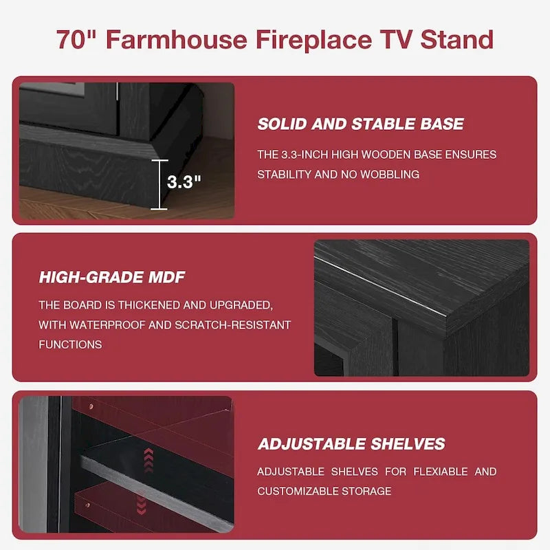 Meuble TV avec cheminée en verre sur 3 côtés de 91 cm (36 pouces) pour téléviseurs jusqu'à 80 pouces.